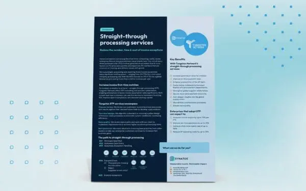 A flyer titled "Straight-through Processing Services" describes benefits of using Tungsten Network's STP services, such as efficiency and reduced costs. It features diagrams, key benefits, and contact information on a gradient blue background with icon-style graphics to help you navigate e-Invoicing seamlessly.